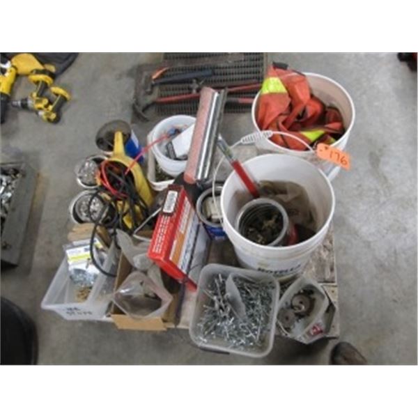 PAILS OF BRASS FITTINGS, SHEET METAL SCREWS, PEG BOARD HOOKS, TIRE STUDS, BEARINGS