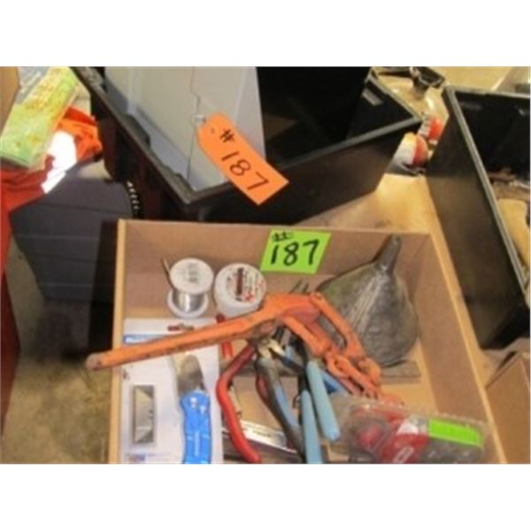 TOWEL DISPENSER, FLUKE VOLTMETER, SOLDERING WIRE, PLIERS, BOOMERS, LIGHTS,TAPE LINES