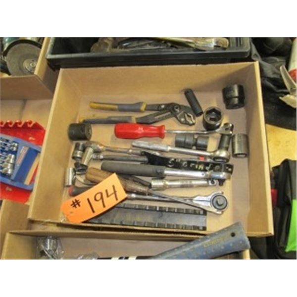 MISC BOXES OF SOCKETS, SWIVELS, RACHETS, COMBINATION WRENCHES, HACHET