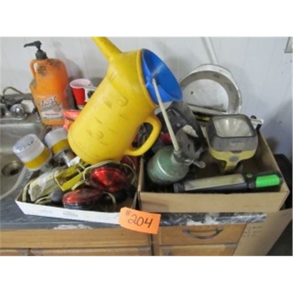 SHELL OIL JUG, SAFETY VEST, BINDER CLIPS, 12 V WIDE LOAD LIGHTS,LEVEL