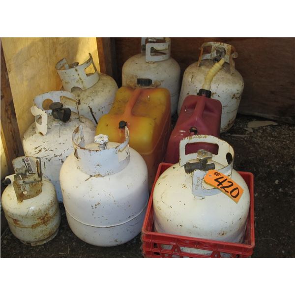 APPROX 6 - 20 LB PROPANE BOTTLES, 1- 5 LB BOTTLE & 2 JERRY CANS (ALL FOR ONE MONEY)