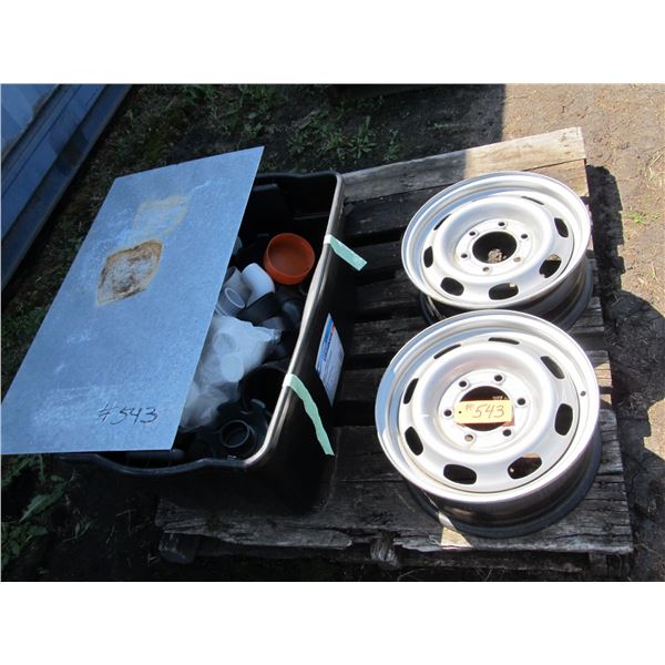 2 NEW CHEV 6 BOLT RIMS, TUB OF PLUMBING FITTINGS