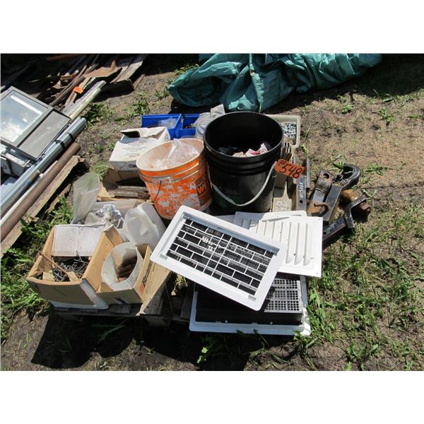 PALLET CONTAINING VENTS, NUTS, BOLTS, STAPLES, PLOW BOLTS, NAILS, HITCH RECEIVERS