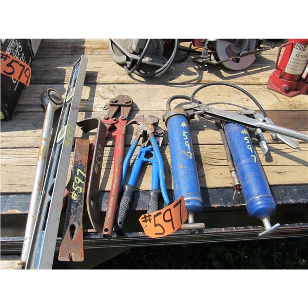 LEVEL, PRY BARS, BOLT CUTTERS, FENCING PLIER, GREASE GUNS, 3/4" RACHET
