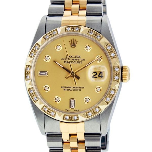 Rolex Mens 2 Tone Champagne Diamond Pyramid Bezel Datejust Wristwatch