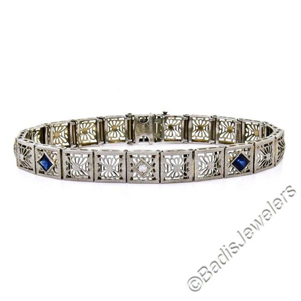 Art Deco Etched 14kt White Gold Diamond and Sapphire Filigree Line Bracelet