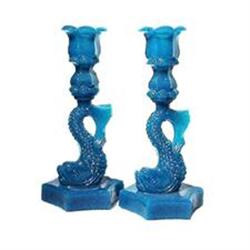 Antique Glass Blue Dolphin Candle Sticks #1935096