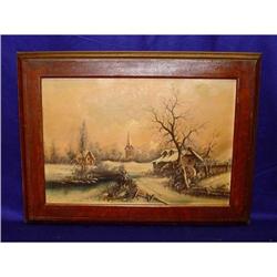 19c New England Winter Snow Oil Painting Oak #1935273