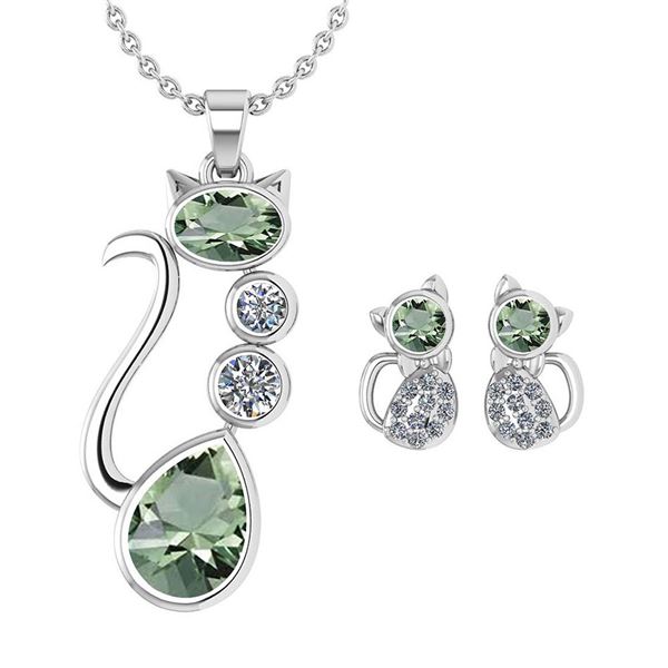 Certified 2.37 Ctw Green Amethyst And Diamond Cat Neckl