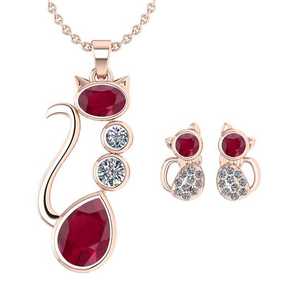 Certified 2.37 Ctw Ruby And Diamond Cat Necklace + Earr