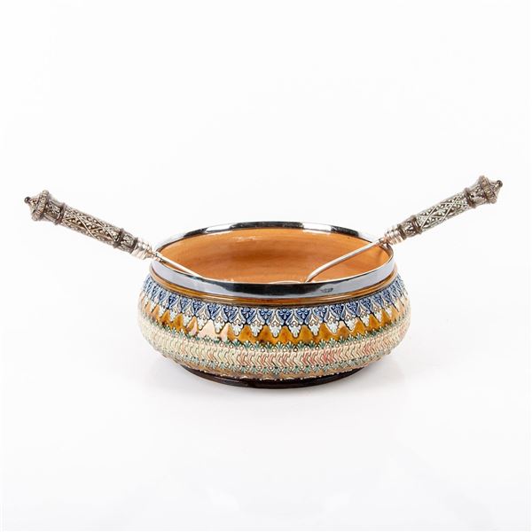 3pc Doulton Lambeth Salad Bowl and Spoons Hallmarked Silver