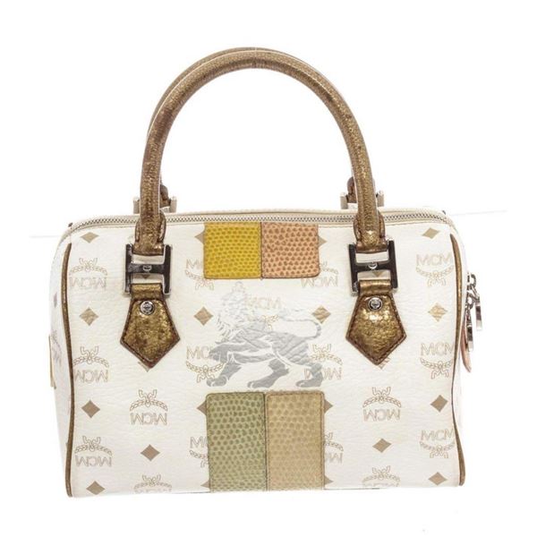MCM White Canvas Satchel Bag