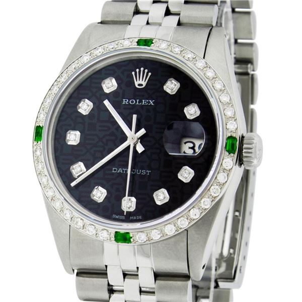 Rolex Mens Stainless Steel Black Diamond & Emerald Datejust Wristwatch 36MM