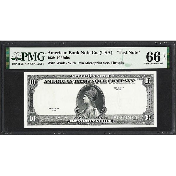 1929 10 Unit American Bank Note Co. "Test Note" PMG Gem Uncirculated 66EPQ