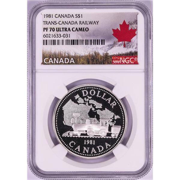 1981 $1 Proof Trans-Canada Railway Silver Dollar Coin NGC PF 70 Ultra Cameo