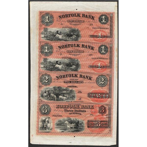 Uncut Sheet of 1800's $1/$1/$2/$3 Norfolk Bank, CT Obsolete Notes
