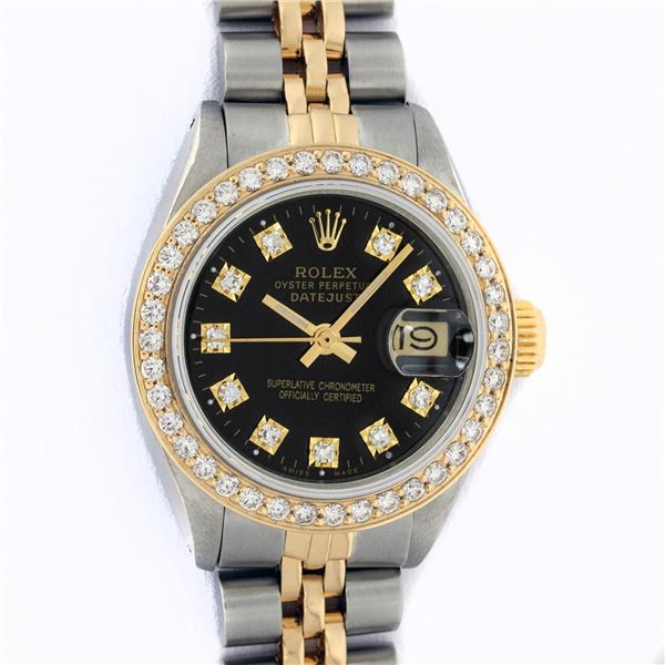 Rolex Ladies Two Tone Black Diamond Datejust Wristwatch