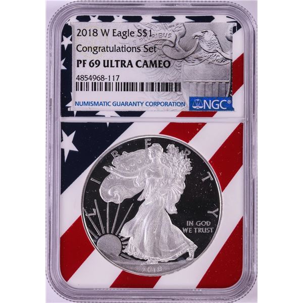 2018-W $1 Proof American Silver Eagle Coin NGC PF69 Ultra Cameo Congratulations Flag