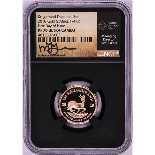 2018 South Africa Proof 1/4 Krugerrand Gold Coin NGC PF70 Ultra Cameo FDOI Signed