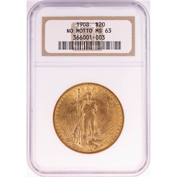 1908 No Motto $20 St. Gaudens Double Eagle Gold Coin NGC MS63