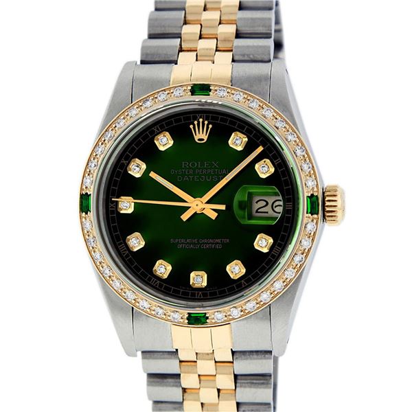 Rolex Men's Two Tone Green Vignette VS Diamond Oyster Perpetual Datejust Wristwatch