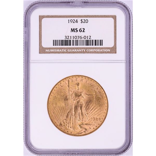 1924 $20 St. Gaudens Double Eagle Gold Coin NGC MS62