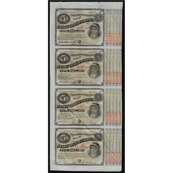 Uncut Sheet of (4) State of Louisiana Baby Bond Obsolete Notes