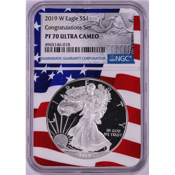 2019-W $1 Proof American Silver Eagle Coin NGC PF70 Ultra Cameo Congratulations Flag