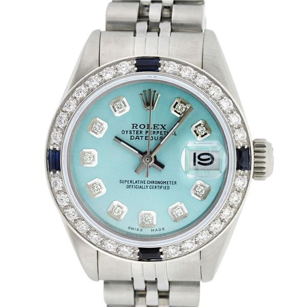Rolex Ladies Stainless Steel Diamond & Sapphire Oyster Perpetual Datejust Wristwatch