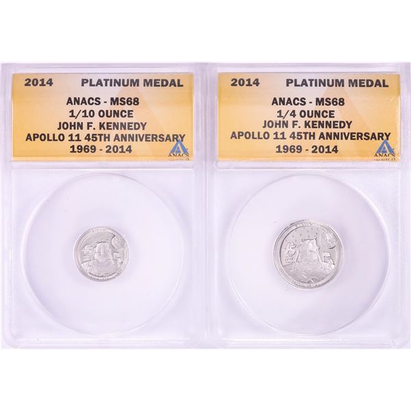 Set of 2014 Proof 1/10 & 1/4 oz Platinum JFK Apollo 11 Anniversary Medals ANACS MS68