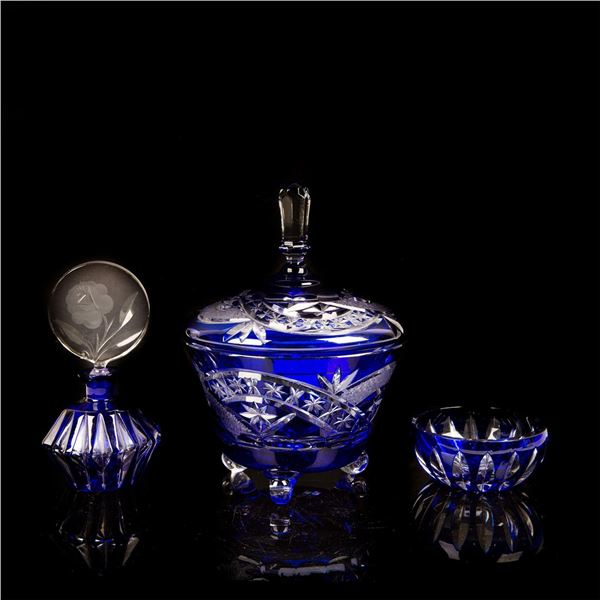 3pc SMALL CUT TO CLEAR COBALT BLUE PERFUME AND BOWL