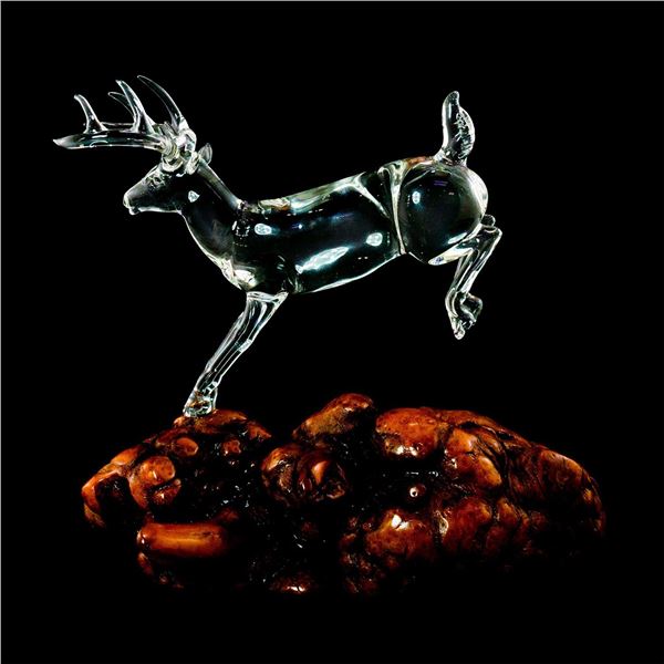 Hand Blown Art Glass Figurine, Stag Deer on Burl Wood Stand
