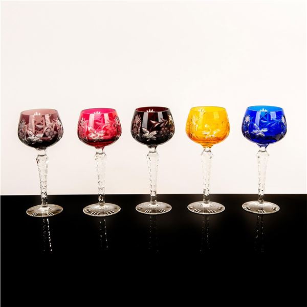 Set of 5 Colored Crystal Wine Goblets, Grapes and Leaves