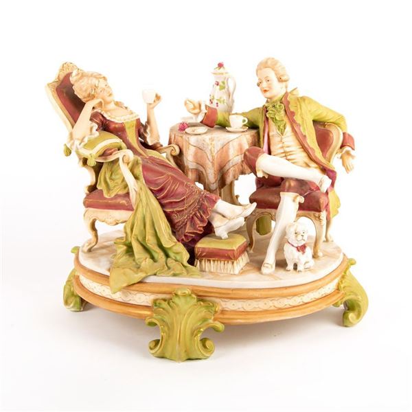 Large Royal Dux Bohemia Figurine Grouping Afternoon Tea