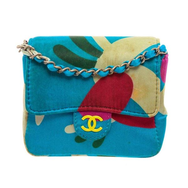 Chanel Blue Multicolor Satin Mini Chain Crossbody Bag