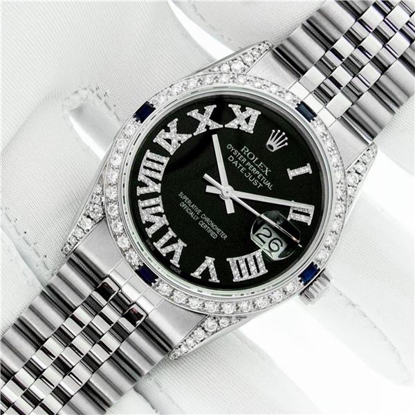 Rolex Mens Stainless Steel Black Roman Diamond Lugs & Sapphire Datejust Wristwat