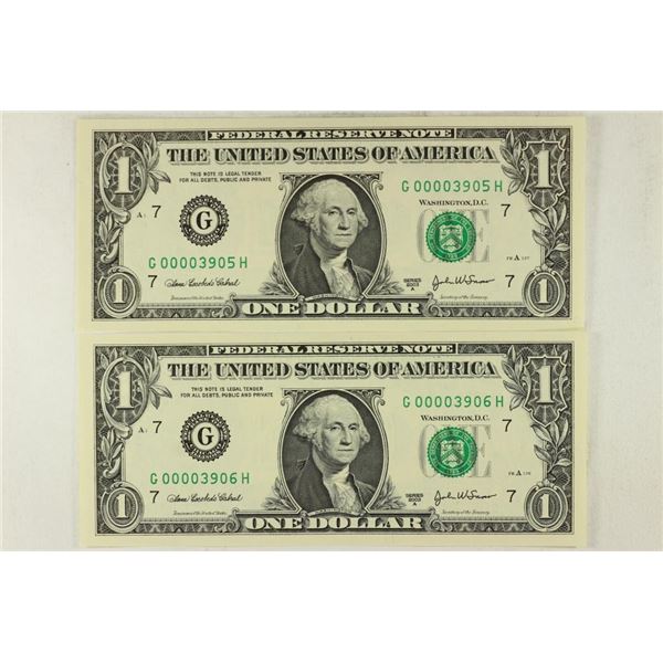 2-2003-A $1 FRN'S LOW CONSECUTIVE SERIAL 'S UNC