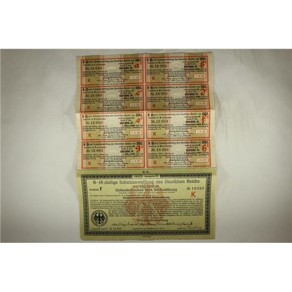 1923 GERMAN 100,000 MARK BOND WITH ALL 8 COUPONS