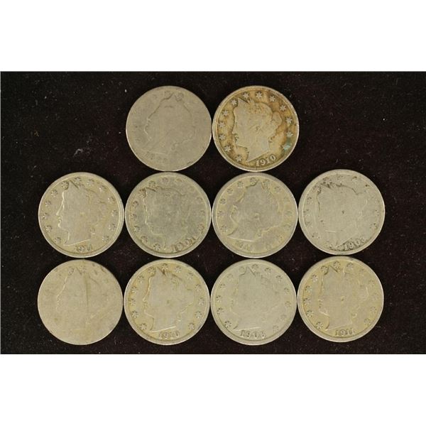 10 ASSORTED 1899-1911 LIBERTY "V" NICKELS