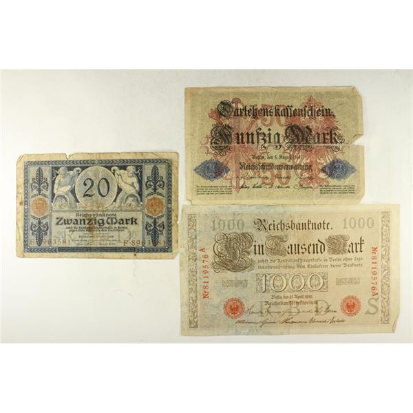 3 PIECES OF GERMAN CURRENCY 1915 -20 MARKS,