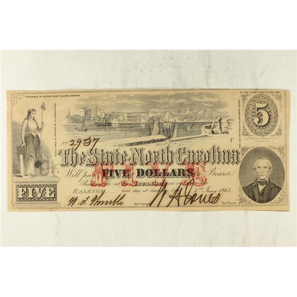 1863 STATE OF NORTH CAROLINA $5 OBSOLETE BANK NOTE