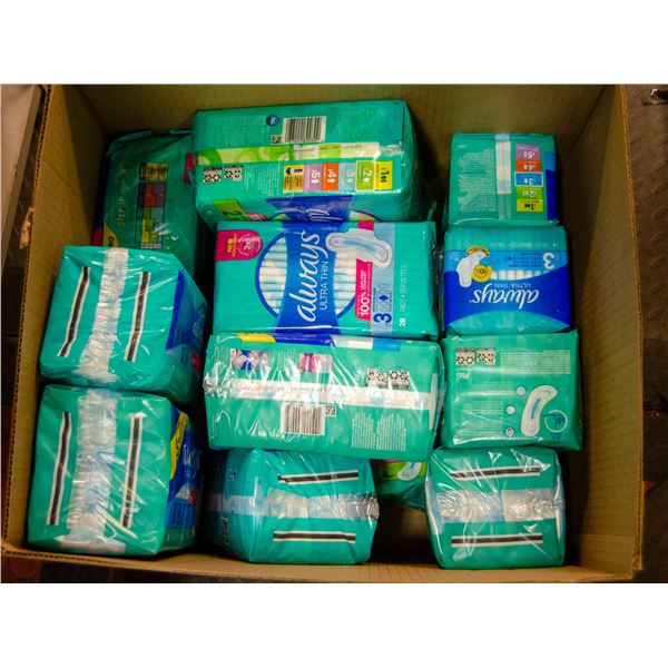 BOX LOT OF FEMININE HYGIENE PRODUCTS