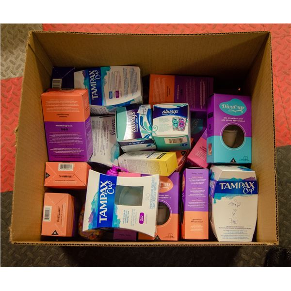 BOX LOT OF FEMININE HYGIENE PRODUCTS