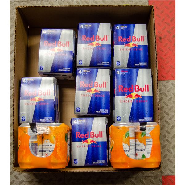 FLAT OF RED BULL ENERGY DRINKS  AND PELLEGRINO