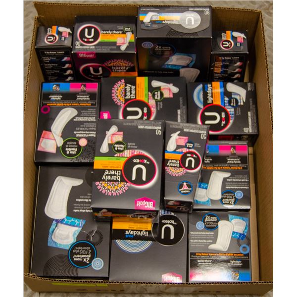BOX LOT OF FEMININE HYGIENE PRODUCTS