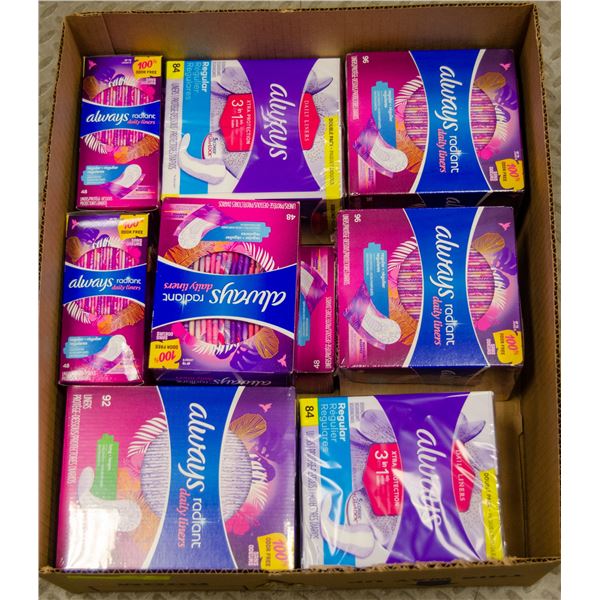 BOX LOT OF FEMININE HYGIENE PRODUCTS