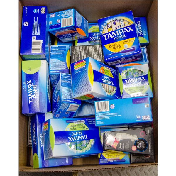 BOX LOT OF FEMININE HYGIENE PRODUCTS
