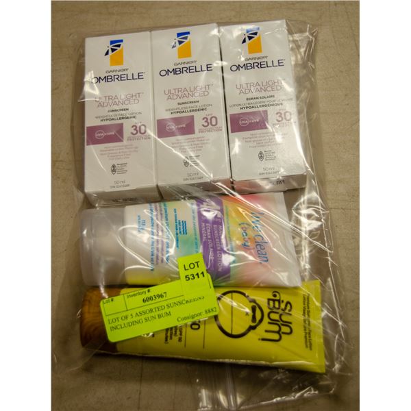 LOT OF 5 ASSORTED SUNSCREENS INCLUDING SUN BUM