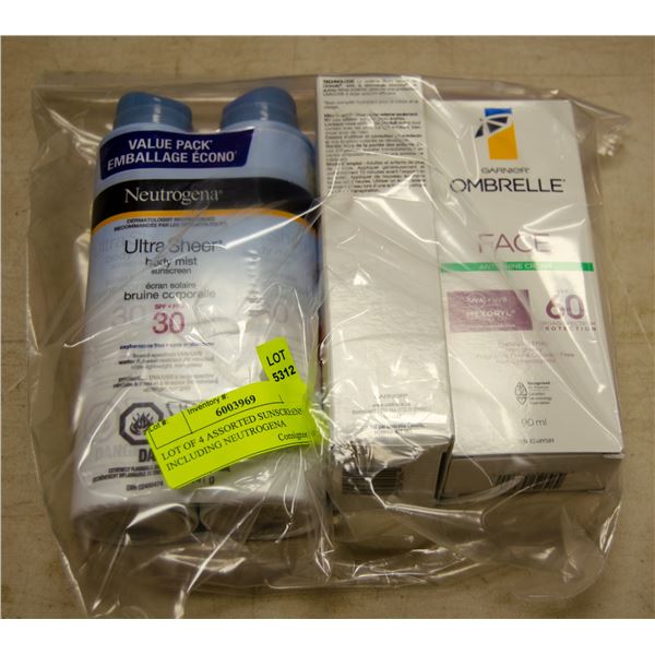 LOT OF 4 ASSORTED SUNSCREENS INCLUDING NEUTROGENA
