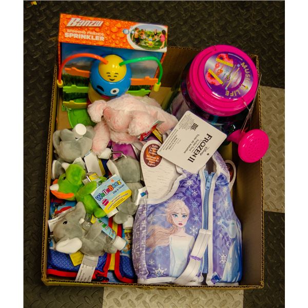 FLAT LOT OF CHILDRENS TOYS AND WATER VESTS